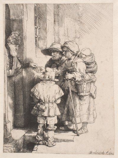 Mendigos que reciben limosna en la puerta de una casa de Rembrandt van Rijn