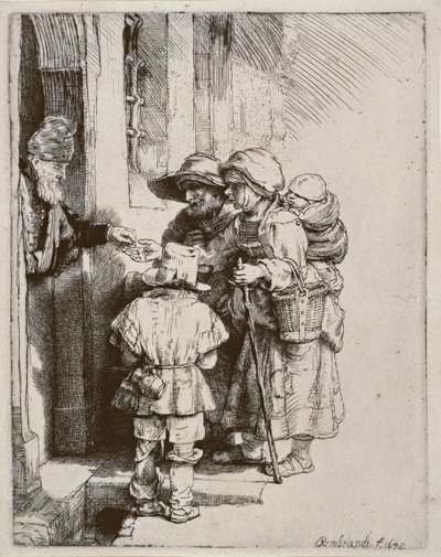 Mendigos recibiendo limosnas en la puerta de una casa, 1648 de Rembrandt van Rijn