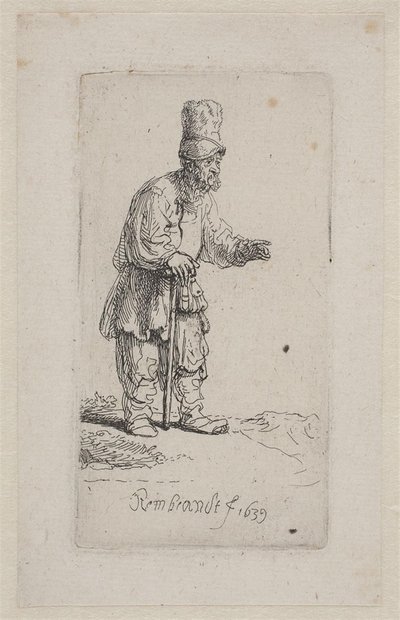 Campesino apoyado en un bastón de Rembrandt van Rijn