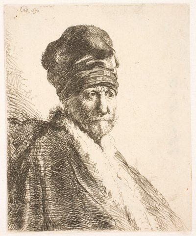 Busto de un hombre (¿el padre de Rembrandt) con gorro alto, visto de tres cuartos de Rembrandt van Rijn