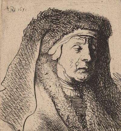 Busto de una Anciana con una Capa de Piel y un Sombrero Pesado de Rembrandt van Rijn