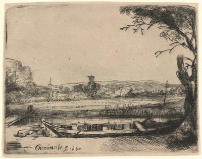 Canal con un Gran Barco y Puente de Rembrandt van Rijn