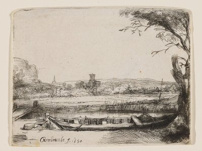 Canal con un barco grande y un puente de Rembrandt van Rijn