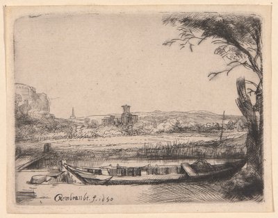 Canal con un Gran Barco y un Puente de Rembrandt van Rijn