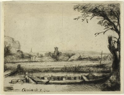Canal con un gran barco y un puente de Rembrandt van Rijn