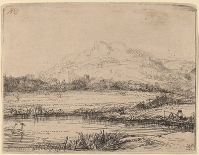 Canal con un Pescador y Dos Cisnes de Rembrandt van Rijn