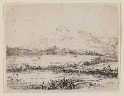 Canal con un pescador y dos cisnes de Rembrandt van Rijn