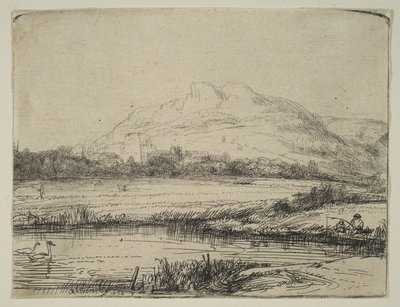 Canal con un pescador y dos cisnes de Rembrandt van Rijn