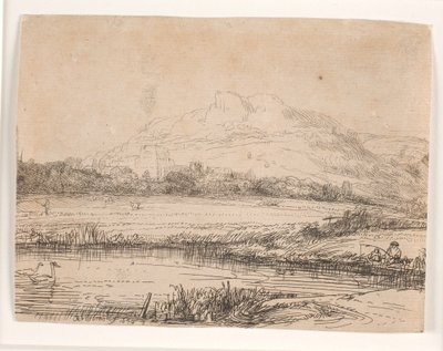 Canal con un pescador y dos cisnes de Rembrandt van Rijn