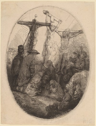 Cristo crucificado entre los dos ladrones: un plato ovalado de Rembrandt van Rijn