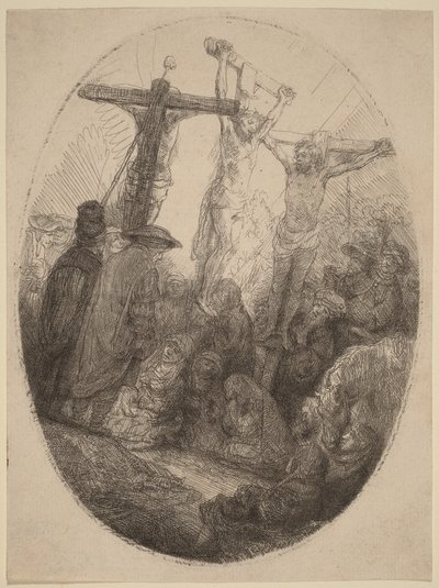 Cristo crucificado entre los dos ladrones: un plato ovalado de Rembrandt van Rijn