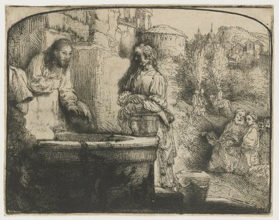 Cristo y la mujer de Samaria
Cristo y la mujer de Samaria: una estampa arqueada de Rembrandt van Rijn