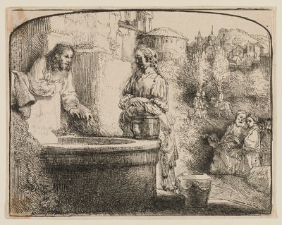 Cristo y la mujer de Samaria: una impresión arqueada de Rembrandt van Rijn