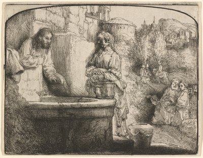 Cristo y la Mujer de Samaria: una Estampa Arqueada de Rembrandt van Rijn