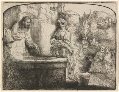 Cristo y la mujer de Samaria: un grabado en arco de Rembrandt van Rijn