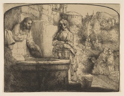 Cristo y la mujer de Samaria: una impresión arqueada, 1658 de Rembrandt van Rijn