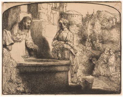 Cristo y la Mujer de Samaria: una impresión arqueada de Rembrandt van Rijn