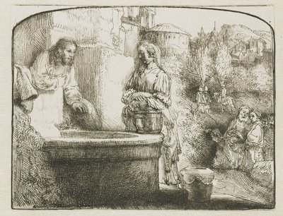 Cristo y la mujer de Samaria: una estampa arqueada de Rembrandt van Rijn