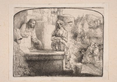 Cristo y la samaritana (Composición cerrada en la parte superior por un arco) de Rembrandt van Rijn