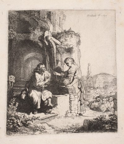 Cristo y la samaritana entre las ruinas (grabado vertical) de Rembrandt van Rijn
