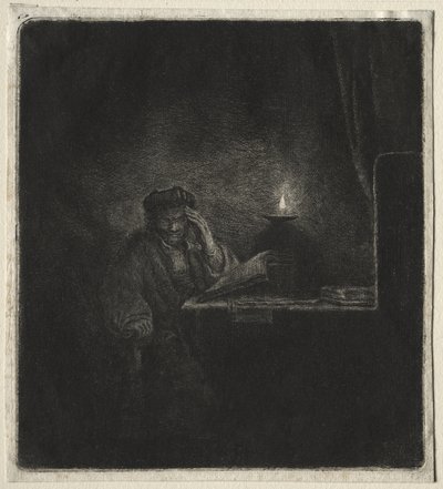 Copia de Estudiante en una mesa a la luz de las velas de Rembrandt van Rijn