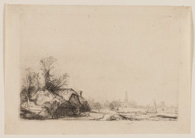 Cabaña junto a un canal con vista de Ouderkerk de Rembrandt van Rijn