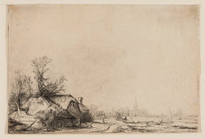 Cabaña junto a un canal con vista de Ouderkerk de Rembrandt van Rijn