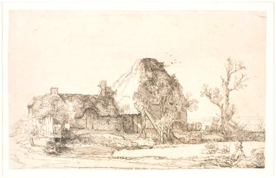 Cabaña y edificios de granja con un hombre dibujando de Rembrandt van Rijn