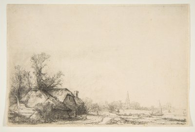 Cabaña junto a un canal con vista de Ouderkerk de Rembrandt van Rijn