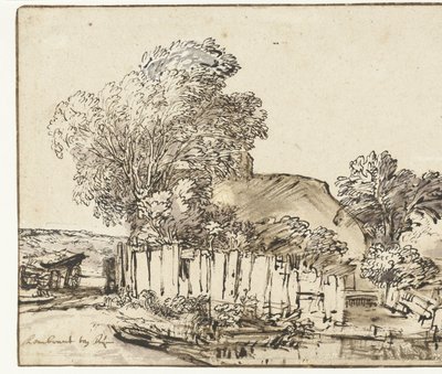 Casa de campo con palos blancos entre los árboles de Rembrandt van Rijn