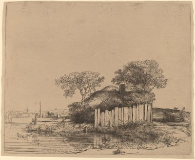 Cabaña con una cerca blanca de Rembrandt van Rijn