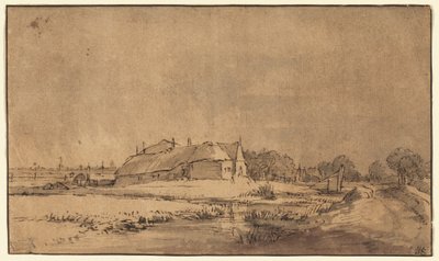 Casas de campo y granero junto a un camino de Rembrandt van Rijn
