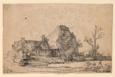 Cabañas y edificio de granja con un hombre dibujando de Rembrandt van Rijn