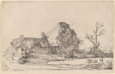 Cabañas y edificios de granja con un hombre dibujando de Rembrandt van Rijn