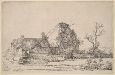 Casitas de campo y edificios agrícolas con un hombre dibujando de Rembrandt van Rijn