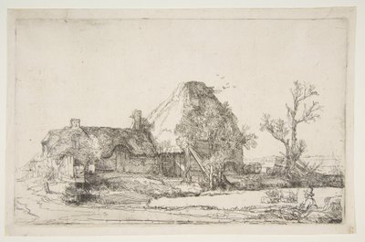 Cabañas y edificios de granja con un hombre dibujando, ca. 1645 de Rembrandt van Rijn