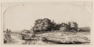 Cabañas y un granero de heno en Diemerdijk con un rebaño de ovejas de Rembrandt van Rijn