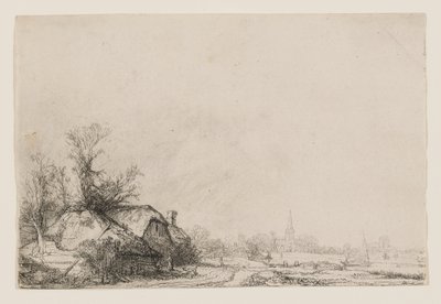 Casitas junto a un canal, con una iglesia y un velero de Rembrandt van Rijn
