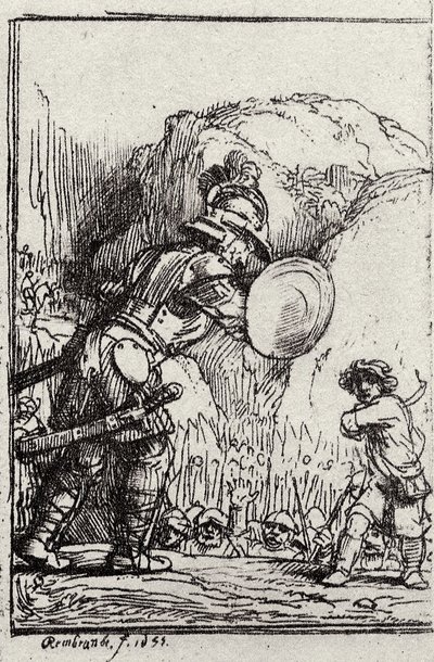 David y Goliat. Ilustración para Piedra gloriosa de Menasseh ben Israel de Rembrandt van Rijn