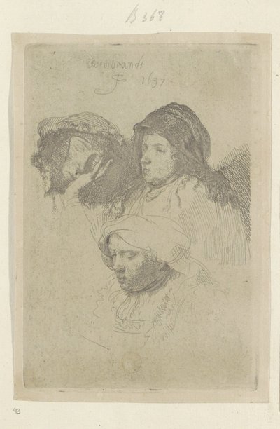 Tres cabezas femeninas, una durmiendo Recueil de quatre-vingt-cinq estampes originales (título de la serie) de Rembrandt van Rijn