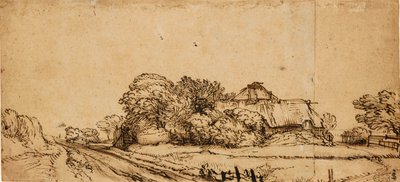Edificios de granja junto a un camino de Rembrandt van Rijn