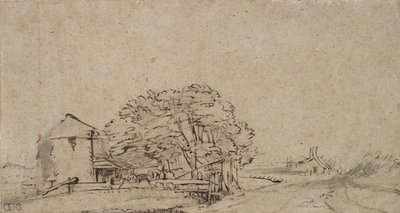 Edificio de granja junto a un camino con granja distante, 1650-69 de Rembrandt van Rijn