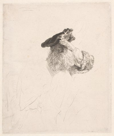 Anciano, sombreando sus ojos con la mano de Rembrandt van Rijn