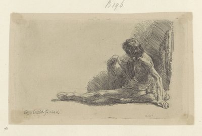 Joven sentado en el suelo con una pierna extendida Recueil de quatre-vingt-cinq estampes originales (título de la serie) de Rembrandt van Rijn
