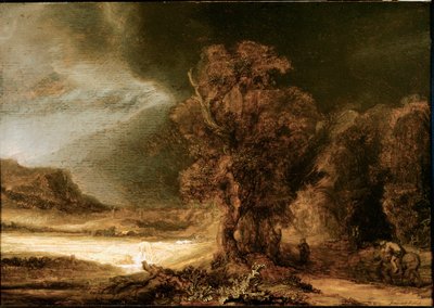 Paisaje en el Buen Samaritano (1638). Museo Czartoryski, Cracovia, Polonia de Rembrandt van Rijn