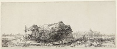 Paisaje con casitas de campo y un granero de heno de Rembrandt van Rijn
