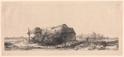 Paisaje con cabañas y un granero de heno: Oblongo de Rembrandt van Rijn