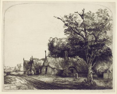 Paisaje con casas con tejados a dos aguas junto a un camino, 1650 de Rembrandt van Rijn