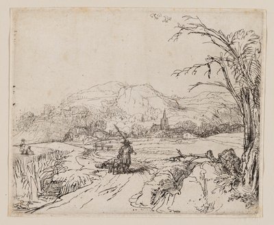 Paisaje con cazador y perros de Rembrandt van Rijn