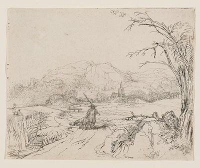 Paisaje con un cazador y perros de Rembrandt van Rijn